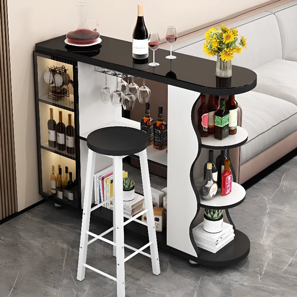 Table de bar moderne de forme libre avec plateau en pierre et rangement pour bars à domicile