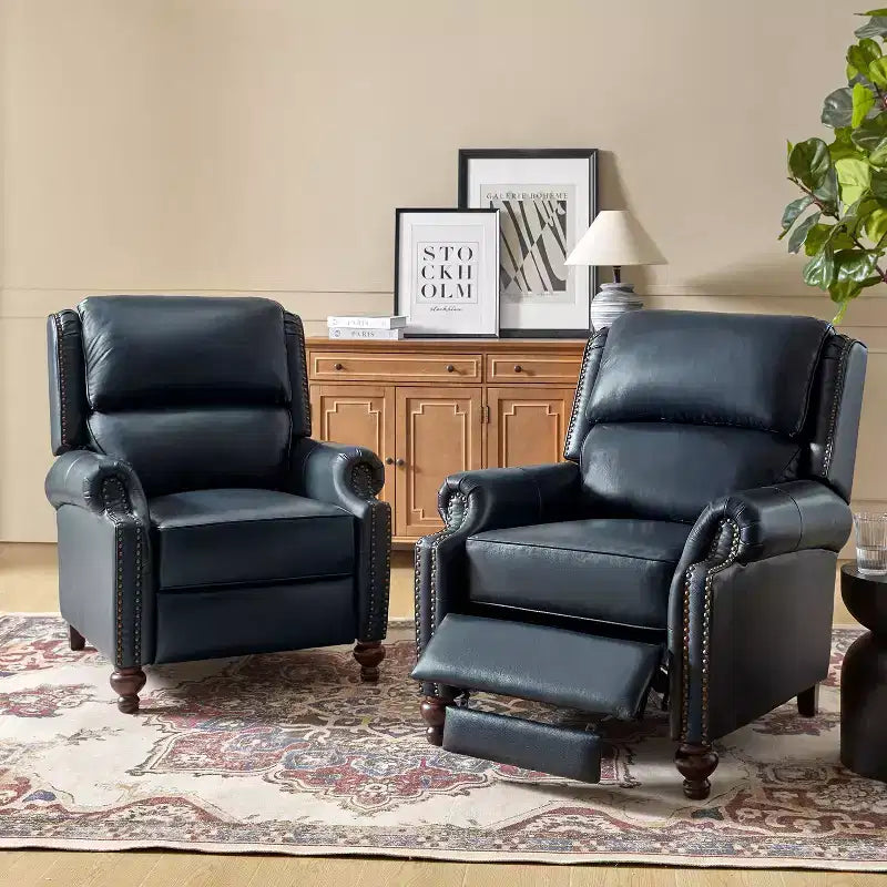 Conjunto de 2 cadeirões reclináveis Elisabete modernos, de costas altas, em pele genuína, com acabamento vintage de tachas, para sala de estar e quarto| ART OF LIVING DESIGNS
