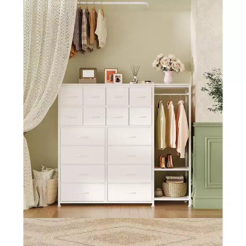 Cómoda com 16 gavetas, varão para pendurar roupa e prateleiras, organizador de arrumação em tecido para quarto, closet ou entrada