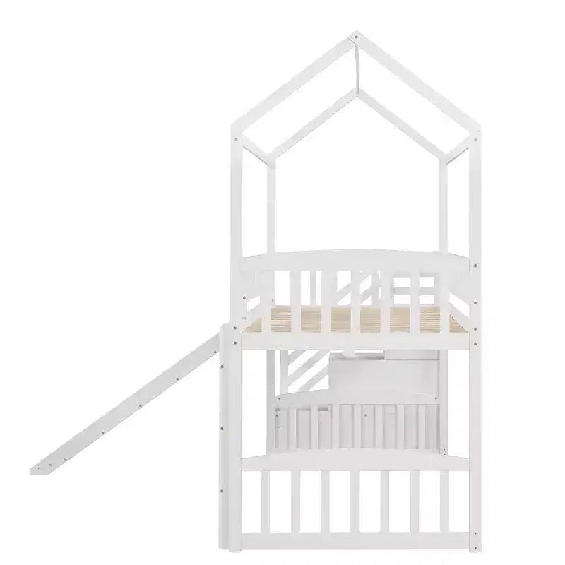 Cama alta tipo casa Twin com escorrega e escadas, cama alta com gavetas de arrumação, cama alta de madeira tipo cabana para crianças e bebés