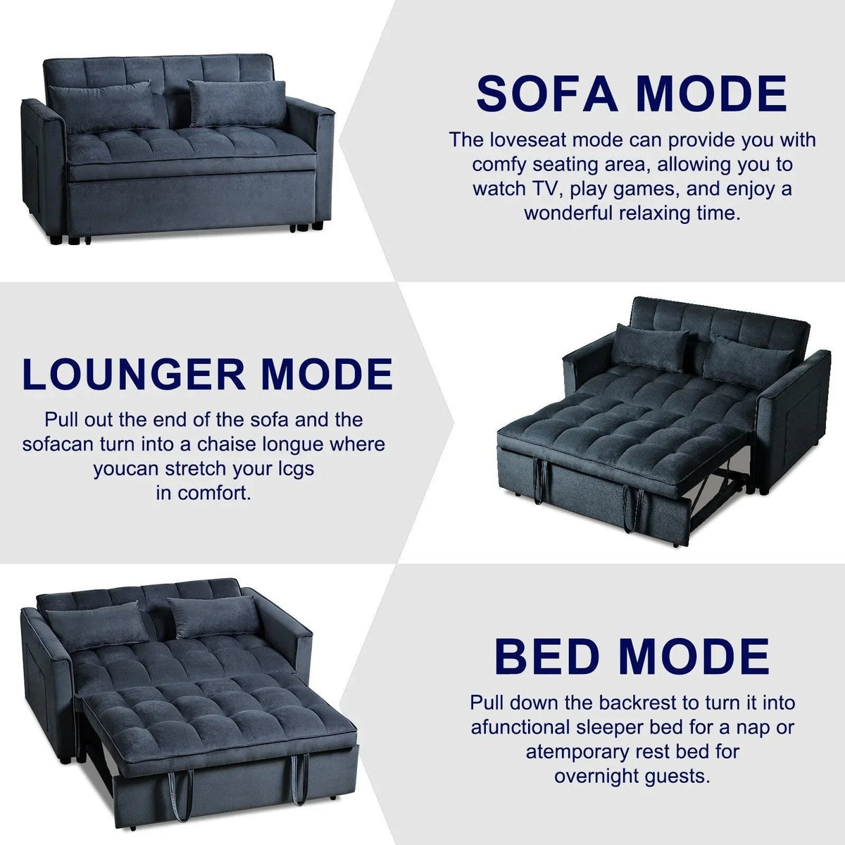 Sofá-cama moderno extensível, sofá-cama 3-em-1 com encosto ajustável, sofá de dois lugares em veludo, almofadas e bolsos laterais