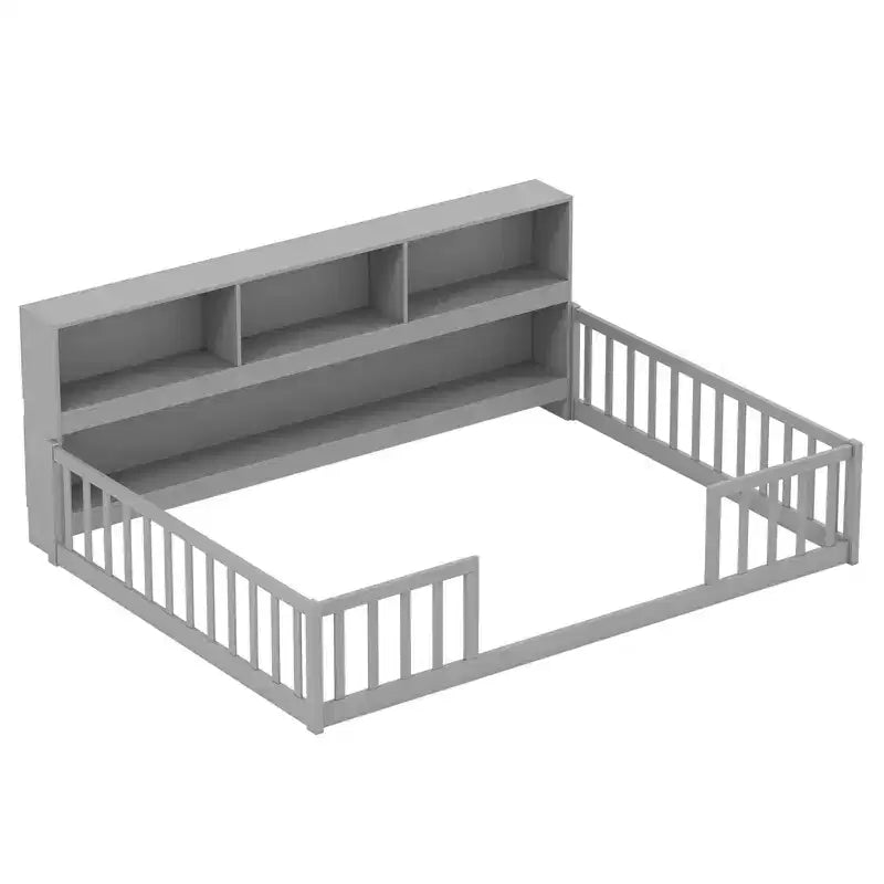 Montessori-Bodenbett in Twin-/Full-Größe mit Bücherregal, Stauraumfächern und Sicherheitsgittern, Weiß/Grau