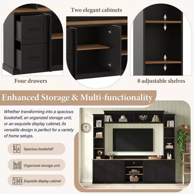 Unità a parete centro d'intrattenimento in stile rustico ModernLuxe 4-in-1, adatta a TV fino a 70, mobile TV e console multimediale con ripiani e cassetti regolabili