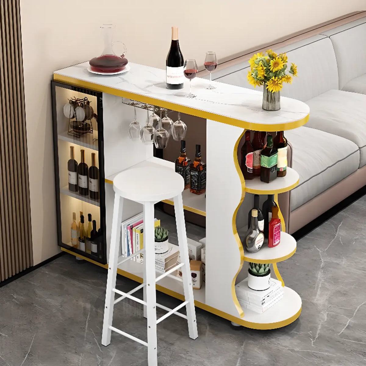 Table de bar moderne de forme libre avec plateau en pierre et rangement pour bars à domicile