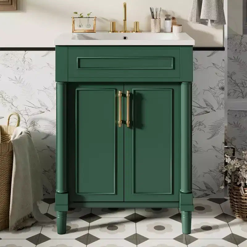 Móvel de casa de banho de 24 com lavatório cerâmico, armário Shaker, 2 portas com fecho suave e estrutura de madeira maciça para casa de banho pequena ou lavabo