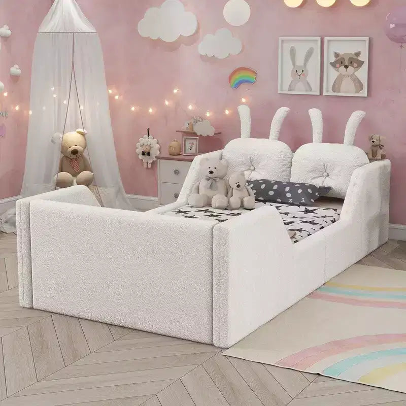 Whisen Einzelbett mit Plattform, gepolstertes Bodenbettgestell für Kinder mit Hasenkissen und abnehmbaren Seitengittern
