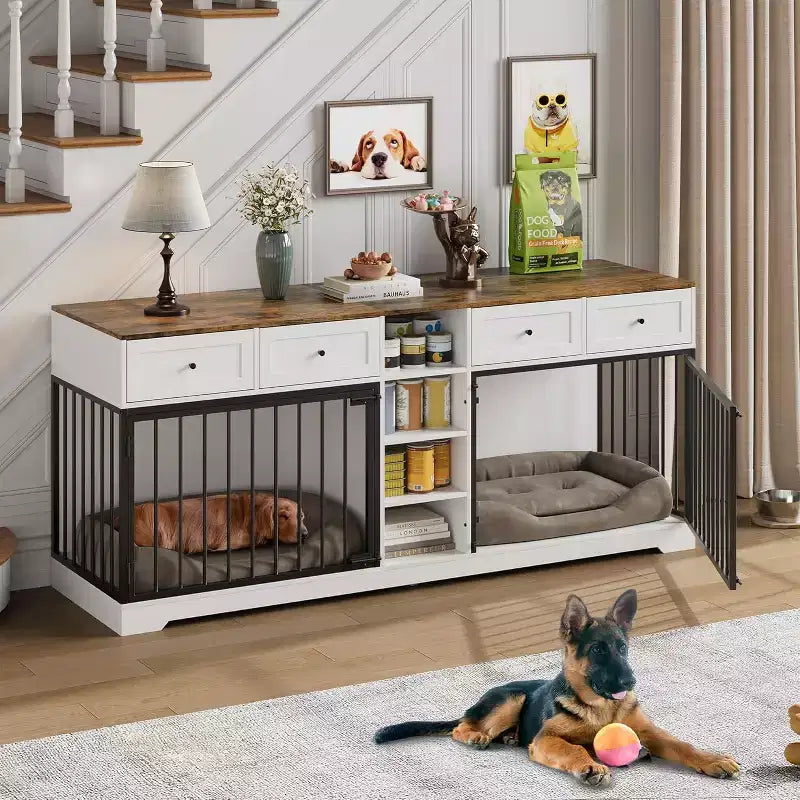 82 Casota de mobiliário para dois cães, canil grande para interior, casota de madeira resistente para 2 cães com suporte para TV, 4 gavetas e prateleiras