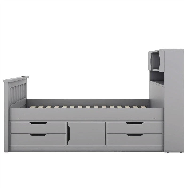 Cama de plataforma tipo capitão Twin/Full com 4 gavetas e prateleiras de arrumação, estrutura de cama em madeira maciça com cabeceira-estante para arrumação