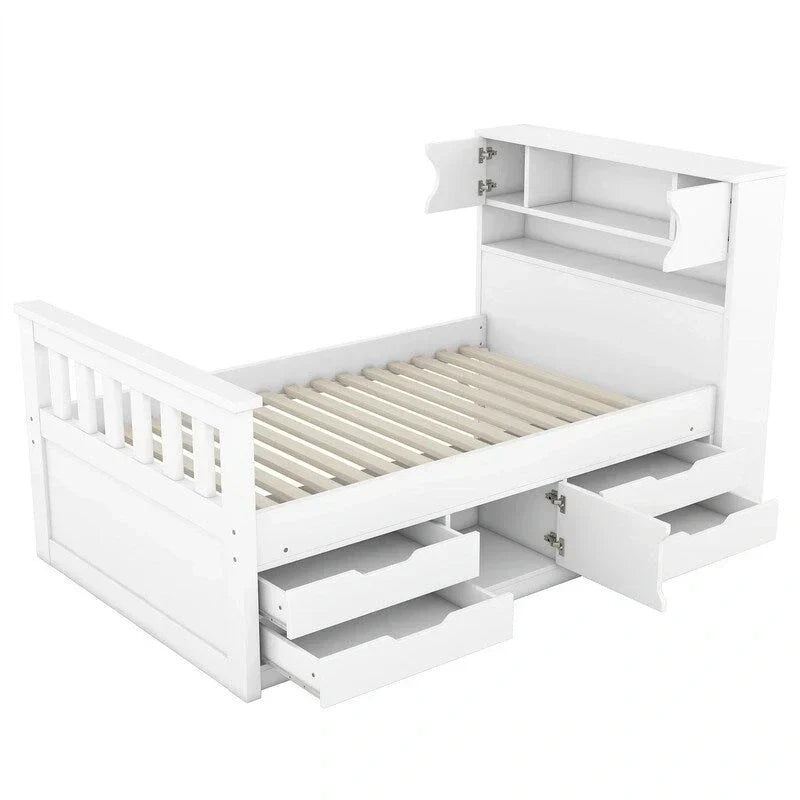Cama de plataforma tipo capitão Twin/Full com 4 gavetas e prateleiras de arrumação, estrutura de cama em madeira maciça com cabeceira-estante para arrumação