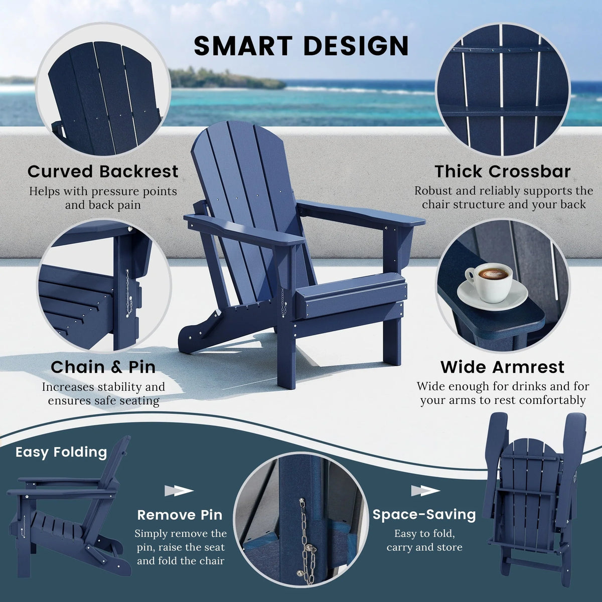 Polytrends Laguna Fade Resistant All Weather Outdoor Patio Folding Adirondack Chair