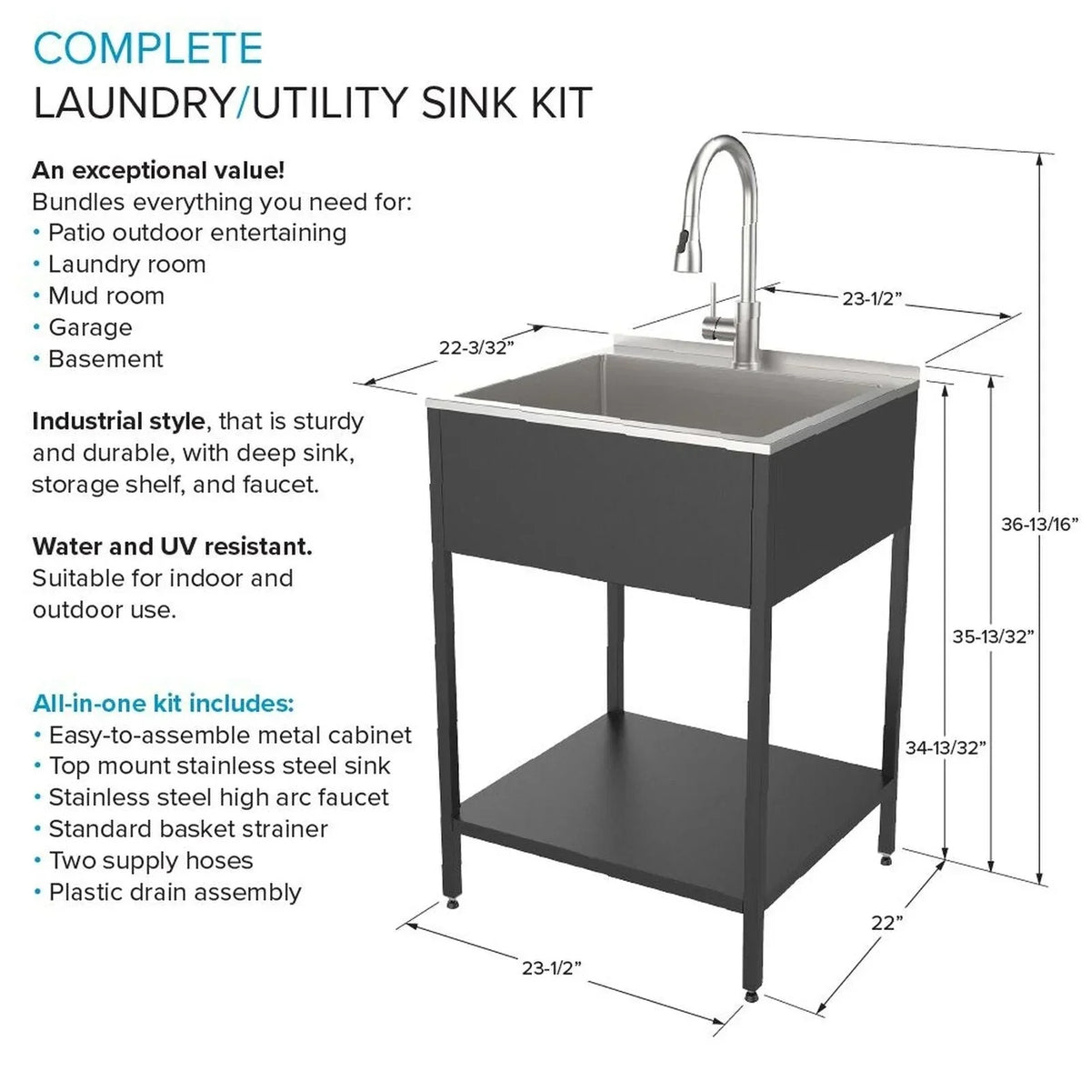 Évier de buanderie et meuble lave-linge en acier inoxydable de 24 po L x 22 po P x 35 po H