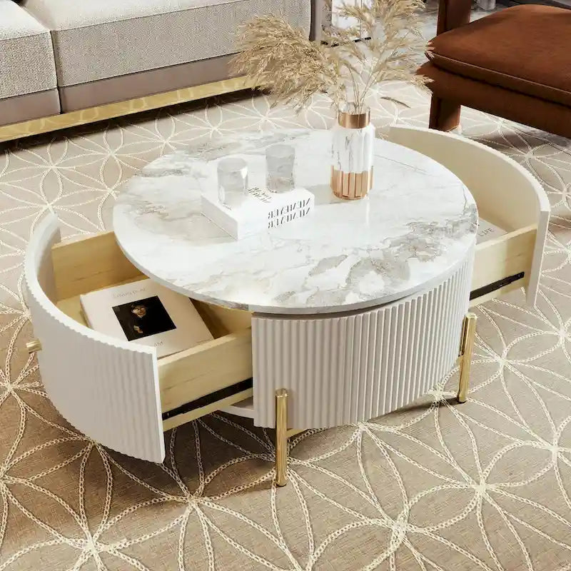 Table basse ronde moderne de 31,5 pouces avec grand espace de rangement dans le tiroir