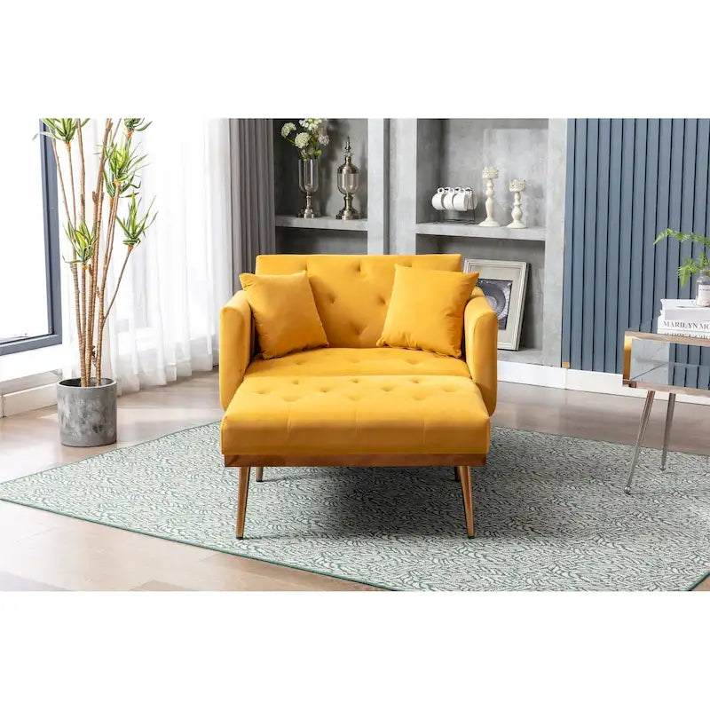 Poltrona letto in velluto imbottito e trapuntato per soggiorno, con gambe color oro rosato