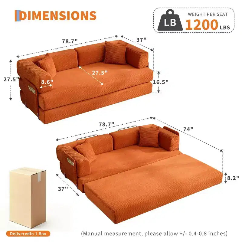 Sofá-cama, colchão dobrável 5-em-1 de 78.8, sofá/canapé, estrutura de aço de formato fixo, bombazina com almofadas