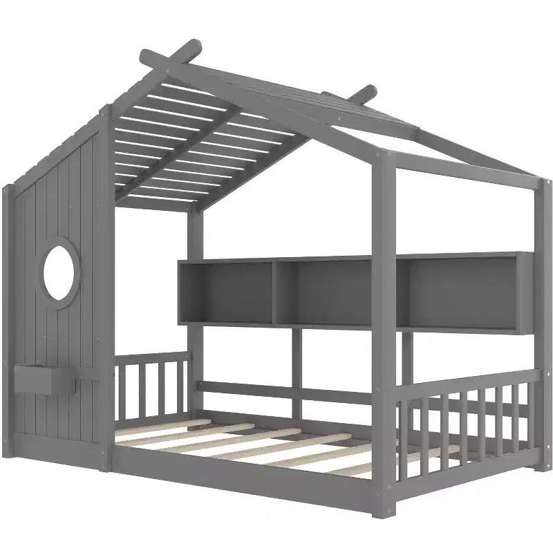Bodenbett in Hausform mit integrierten Ablagefächern und Latten-Dach
