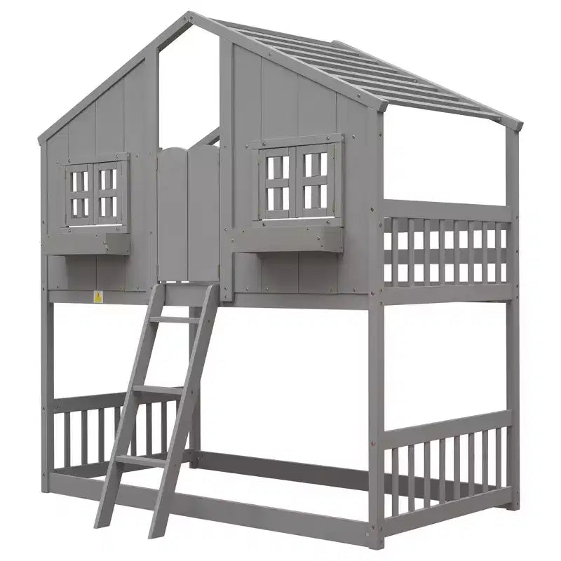 Cama alta de tamanho Twin em forma de casa, cama alta de madeira tipo casinha com escada e barreiras de proteção para crianças