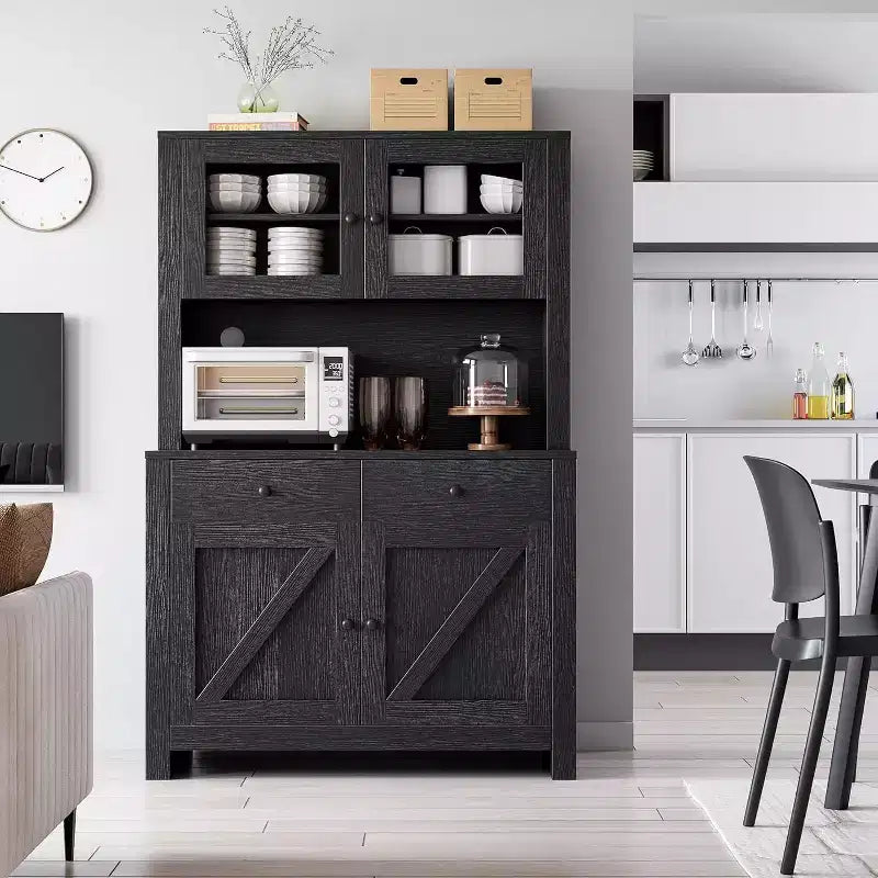 Armário despenseiro de cozinha com suporte para micro-ondas, armário com vitrina e aparador com prateleiras ajustáveis, para cozinha e sala de jantar