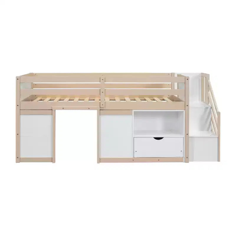 Cama baixa tipo loft individual em madeira maciça, 94.6L x 42.3W, com escada, gaveta e prateleira, design moderno e simples