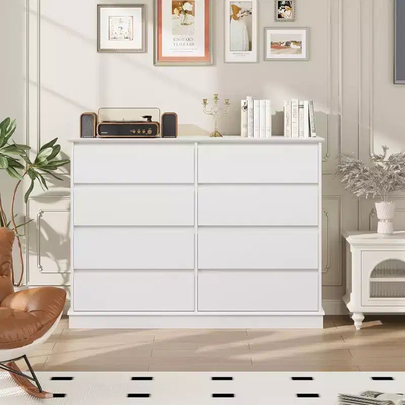 Meuble de rangement à 8 tiroirs, commode à tiroirs profonds, grande armoire à plateau large pour le salon, le couloir ou la chambre d’enfant