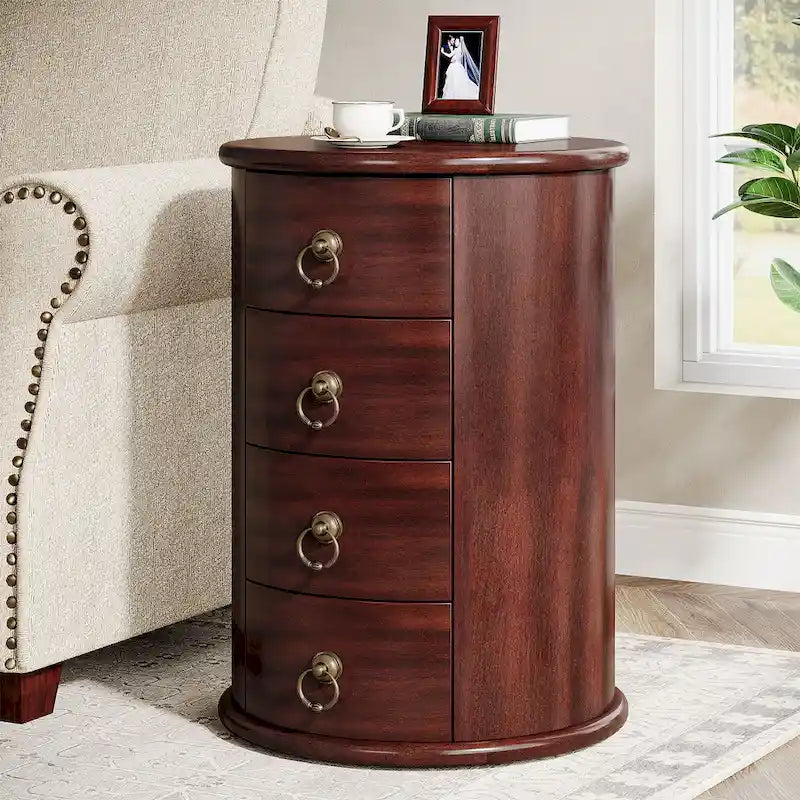Table d’appoint ronde vintage en bois massif avec tiroirs latéraux, sans assemblage