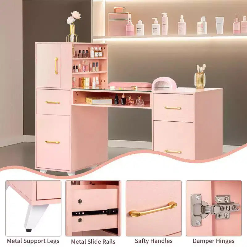 Mesa de manicure moderna preta/rosa com tampo de vidro e apoio para os pulsos, estação individual