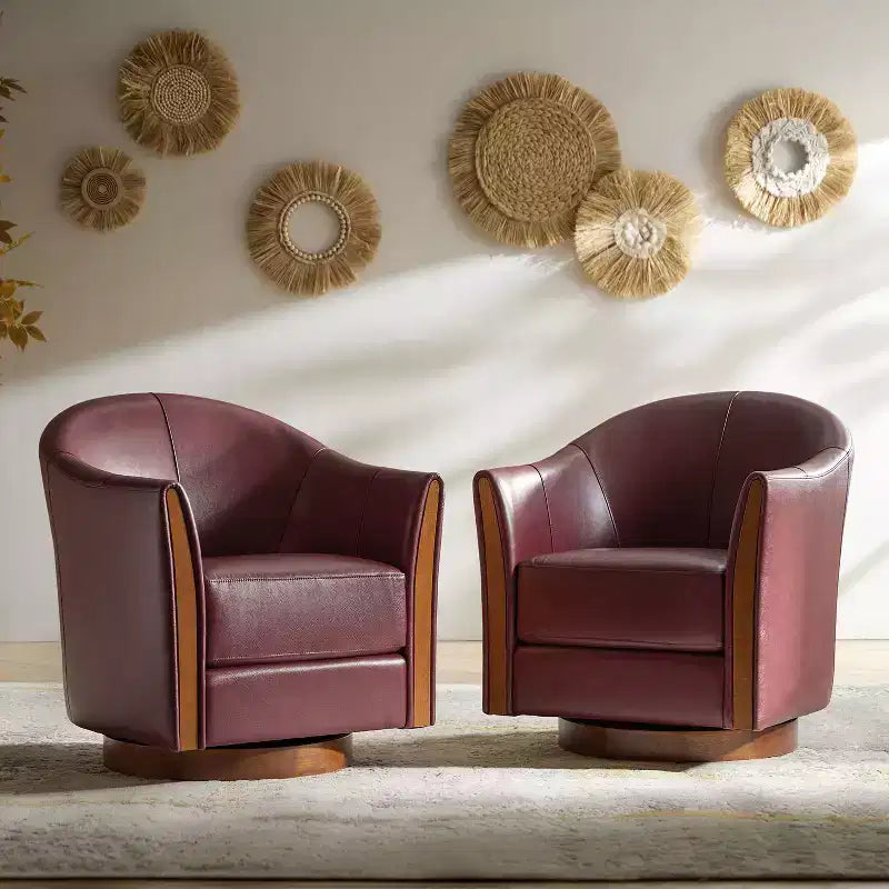 Fauteuil tonneau pivotant Pocono de style transitionnel en cuir véritable avec piètement en bois massif, ensemble de 2, Artful Living Design