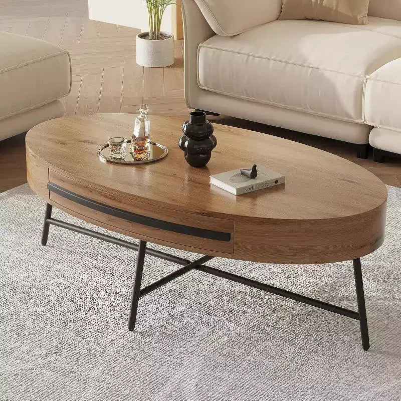 Mesa de centro oval Acekool com gaveta, mesa de arrumação de madeira de 47.2 com pernas metálicas cruzadas, mesa de centro moderna de meados do século em salgueiro natural e dourado
