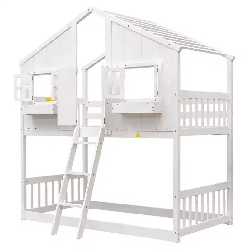 Cama alta de tamanho Twin em forma de casa, cama alta de madeira tipo casinha com escada e barreiras de proteção para crianças