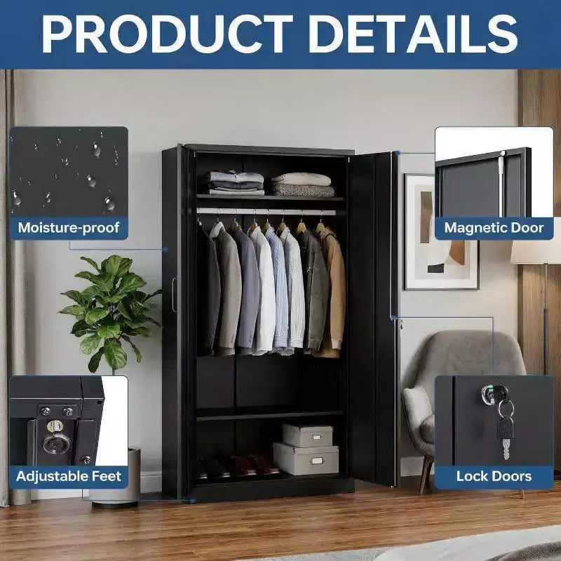 Armário de roupa de 72in com fechadura, armários de arrumação de garagem em metal preto com prateleiras ajustáveis e varão para cabides, armário de arrumação em metal para casa, quarto
