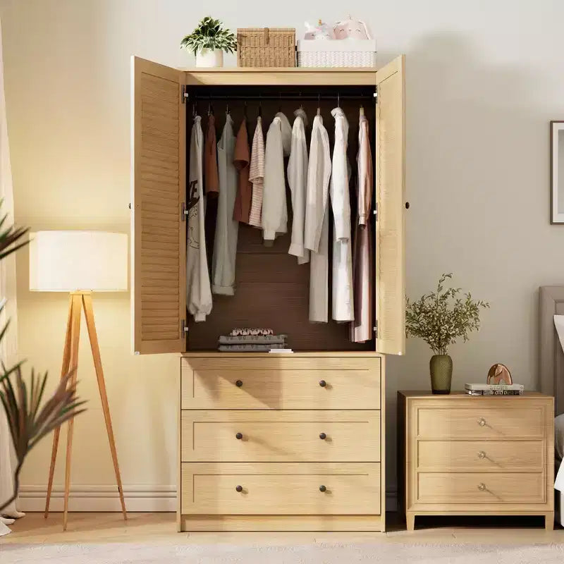 Armário roupeiro COZONY com 3 gavetas e 2 portas, armário de madeira moderno para quarto, roupeiro branco independente para cargas pesadas