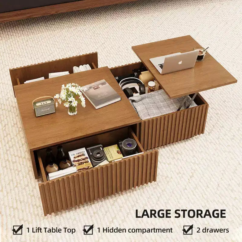 51.1 Mesa de centro moderna de meados do século com tampo elevável, mesa retangular central em nogueira para a sala de estar