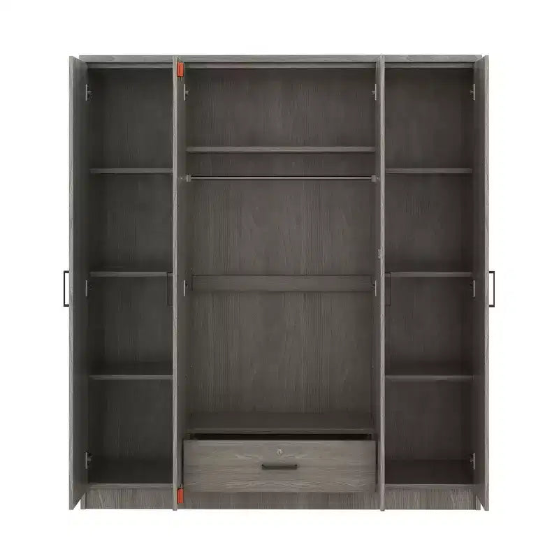 Guarda-roupa de madeira com 4 portas, varão para cabides, 1 gaveta e prateleiras de arrumação