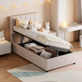 Cama com arrumação elevatória Bellemave de tamanho individual, cama de plataforma estofada com sistema de arrumação hidráulico, cabeceira com riscas verticais, bege
