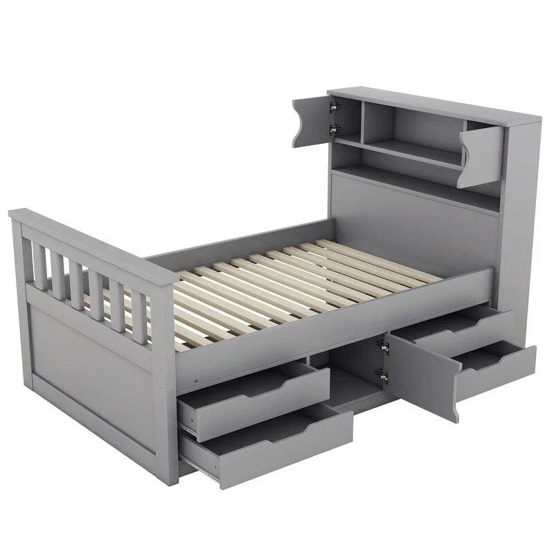 Cama de plataforma tipo capitão Twin/Full com 4 gavetas e prateleiras de arrumação, estrutura de cama em madeira maciça com cabeceira-estante para arrumação
