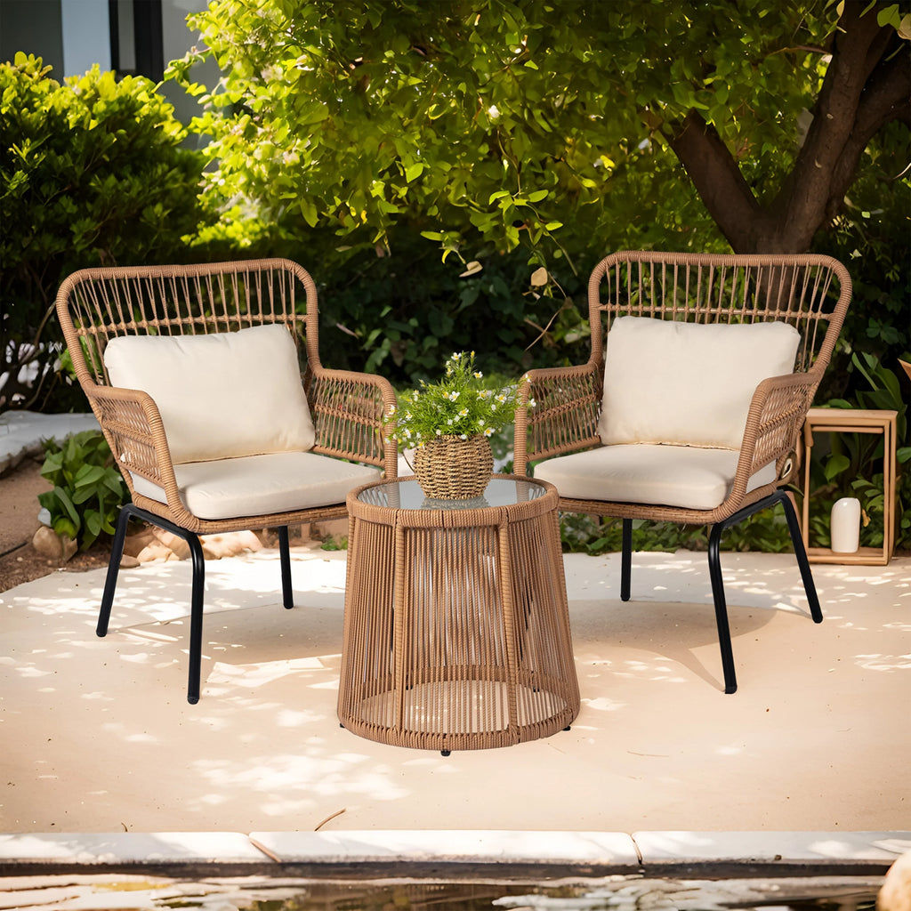 Ensemble bistro de conversation extérieur en osier de 3 pièces, mobilier de patio en rotin toutes saisons avec coussins