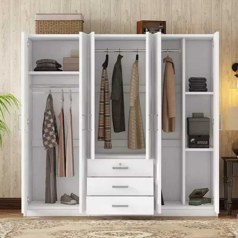 6-Door Wooden Wardrobe with Drawers for Bedroom