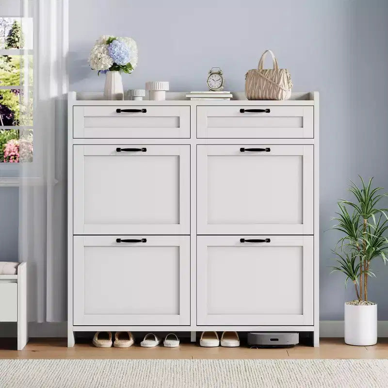 Schuhschrank mit 4 Klappschubladen und 2 oberen Schubladen, hölzerner Schuhorganizer-Schrank mit verstellbarem Regal, freistehende Schuhaufbewahrungsschränke