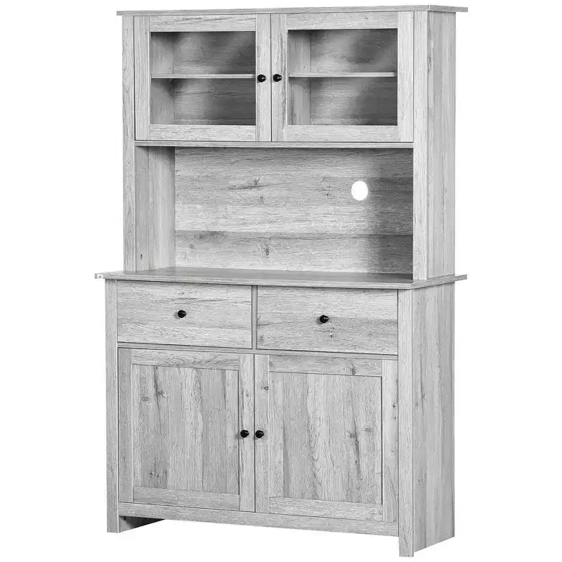 HOMCOM 63.5 Aparador de cozinha com módulo superior, armário de despensa com 4 prateleiras, gavetas, portas de vidro com moldura e bancada aberta para micro-ondas