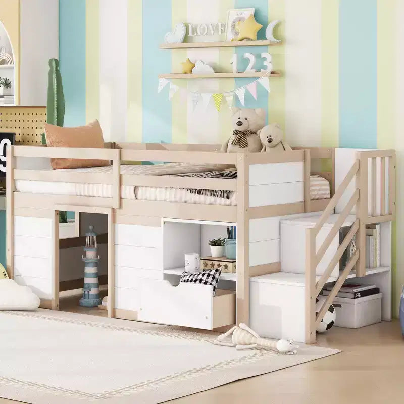 Cama baixa tipo loft individual em madeira maciça, 94.6L x 42.3W, com escada, gaveta e prateleira, design moderno e simples