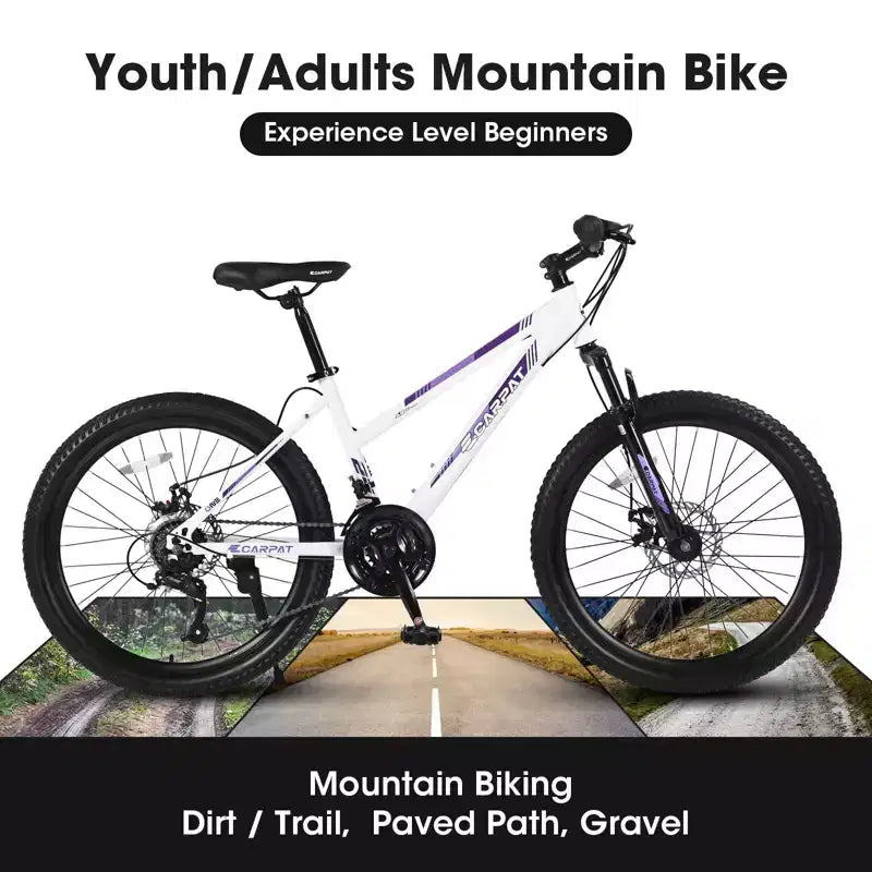 Mountain bike Okak da 24/26 pollici con 21 velocità e freni a doppio disco, bicicletta per bambini con sospensione anteriore da 100 mm, bici da sterrato per adolescenti e donne