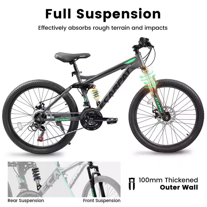 Mountain bike Okak da 27.5 pollici con doppi ammortizzatori anteriori e posteriori, bici da sterrato a 21 velocità con freni a disco meccanici, bici per adulti da uomo e donna