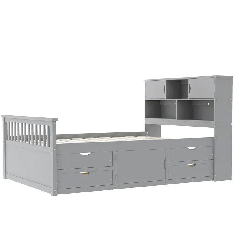 Cama de plataforma tipo capitão Twin/Full com 4 gavetas e prateleiras de arrumação, estrutura de cama em madeira maciça com cabeceira-estante para arrumação