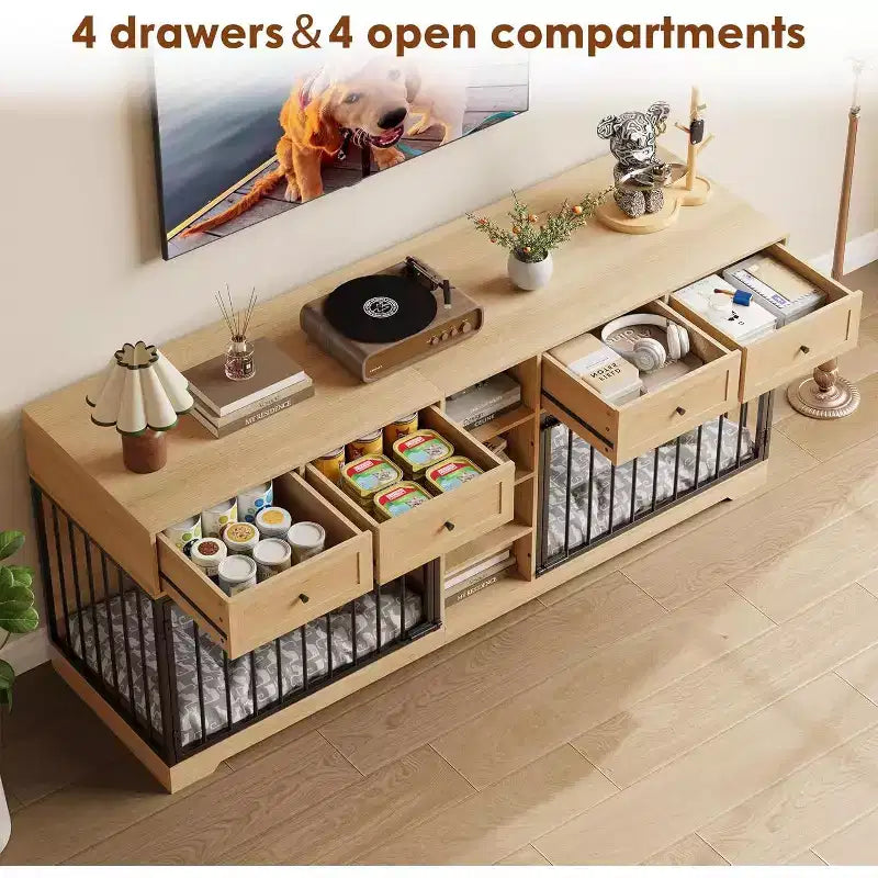 82 Casota de mobiliário para dois cães, canil grande para interior, casota de madeira resistente para 2 cães com suporte para TV, 4 gavetas e prateleiras
