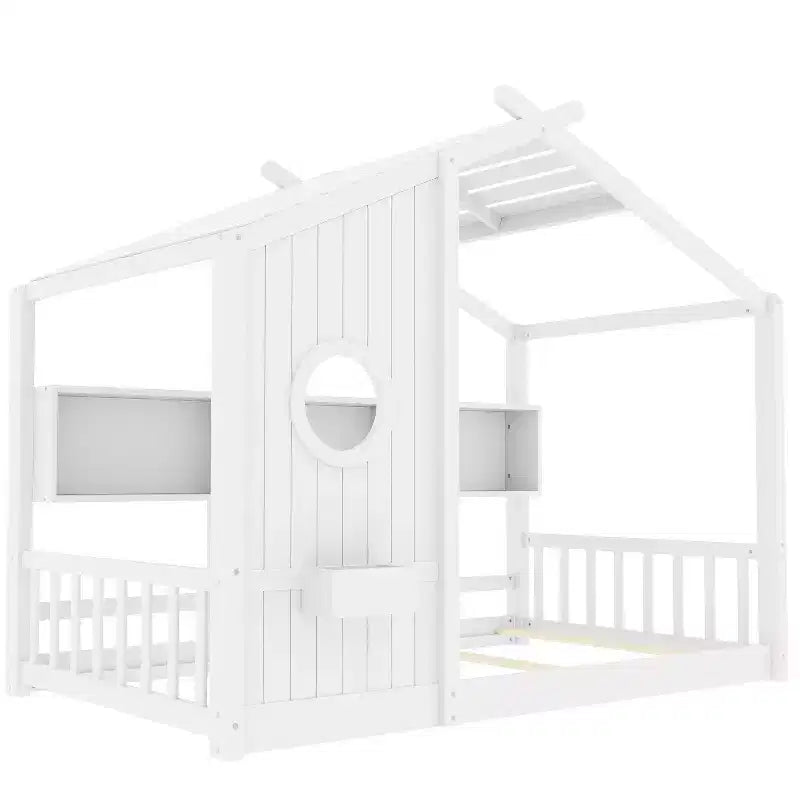 Estrutura de cama de plataforma para crianças de tamanho individual/duplo, cama de chão Montessori infantil, cama casinha de brincar com prateleira de arrumação - ModernLuxe