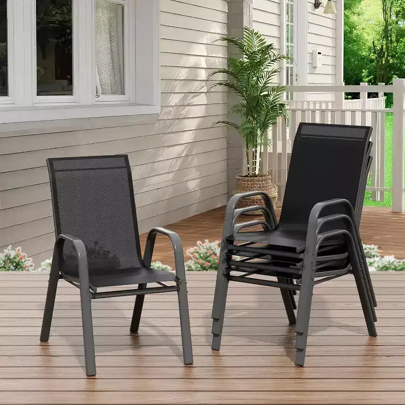 Terrasstoelen, stapelbare buiteneetkamerstoelen, set van 4/6, lichtgewicht weerbestendige textilene tuinstoelen met armleuningen voor achtertuin en zwembadterras