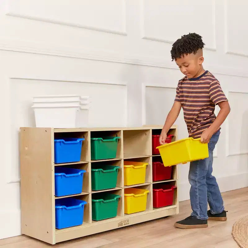 Armário móvel com tabuleiros e 15 compartimentos frontais tipo concha, 3x4, mobiliário infantil