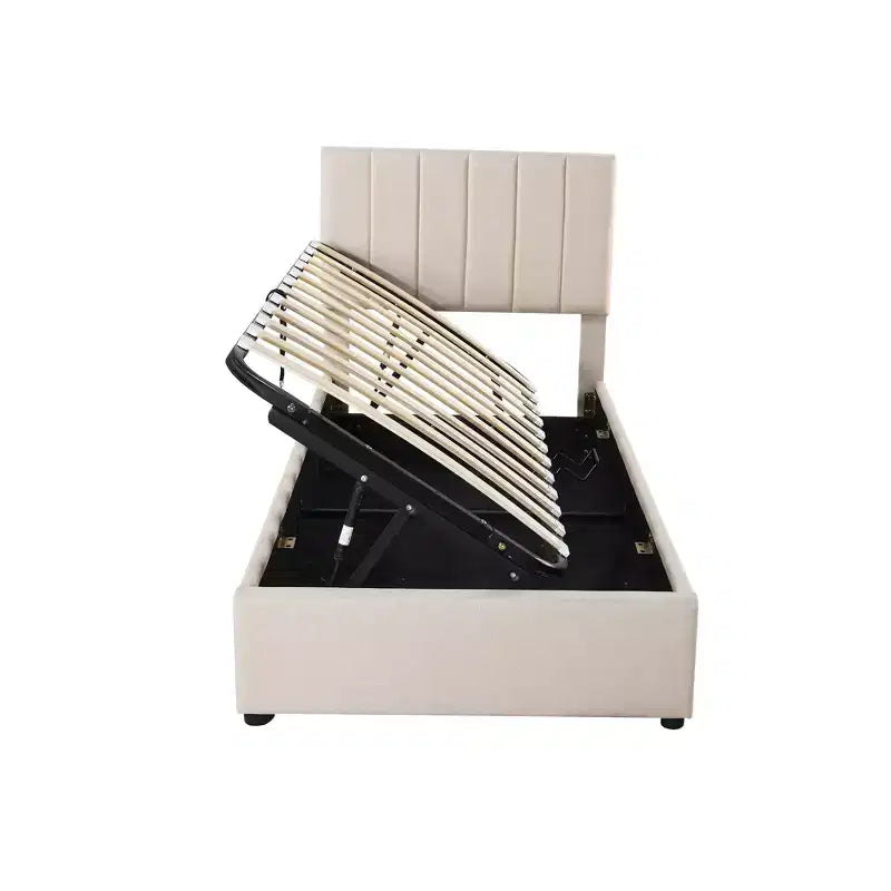 Cama com arrumação elevatória Bellemave de tamanho individual, cama de plataforma estofada com sistema de arrumação hidráulico, cabeceira com riscas verticais, bege