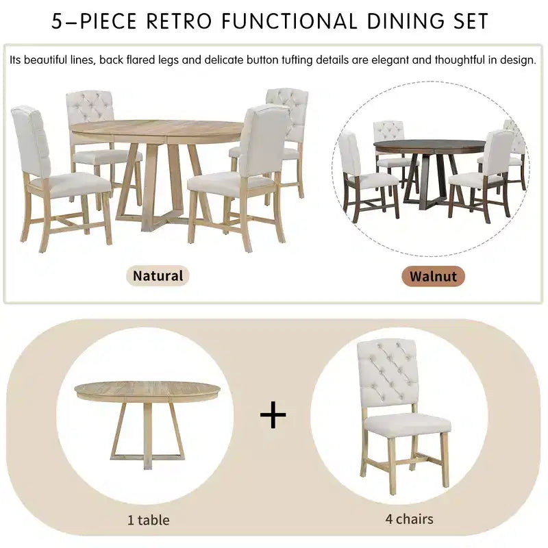 Set da Pranzo Funzionale Vintage da 5 Pezzi, Tavolo Rotondo con prolunga da 16 pollici e 4 Sedie Imbottite - ModernLuxe