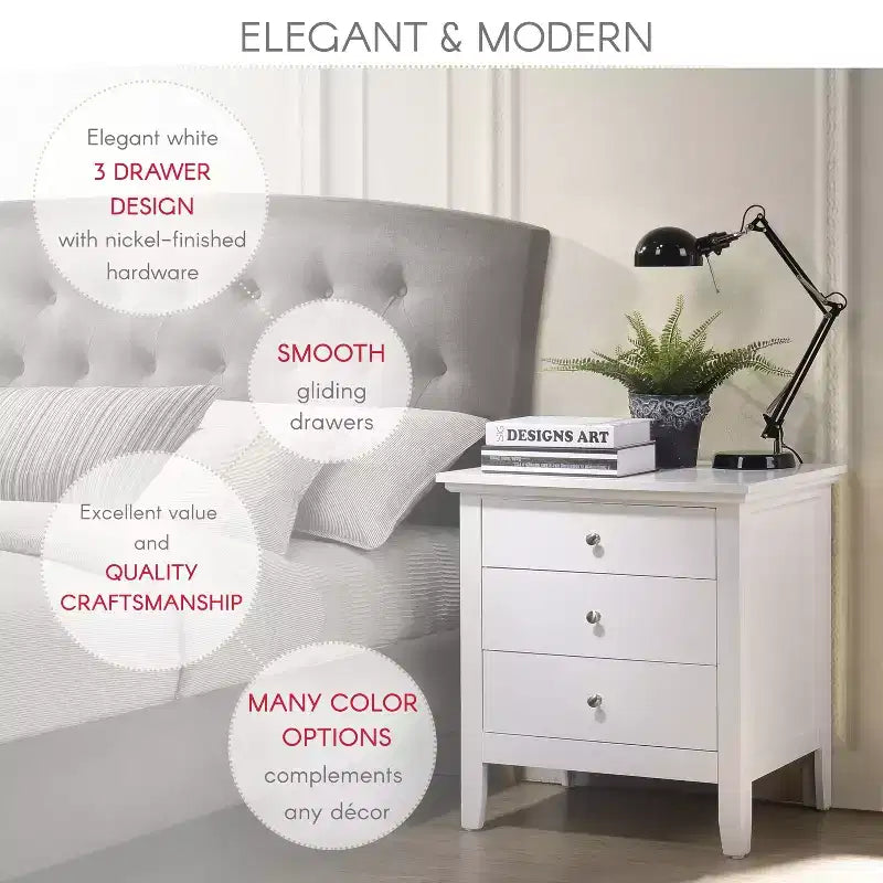 Comodino Hammond bianco a 3 cassetti