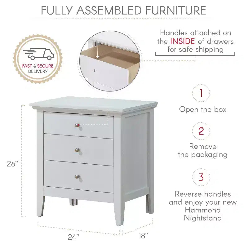 Comodino Hammond bianco a 3 cassetti